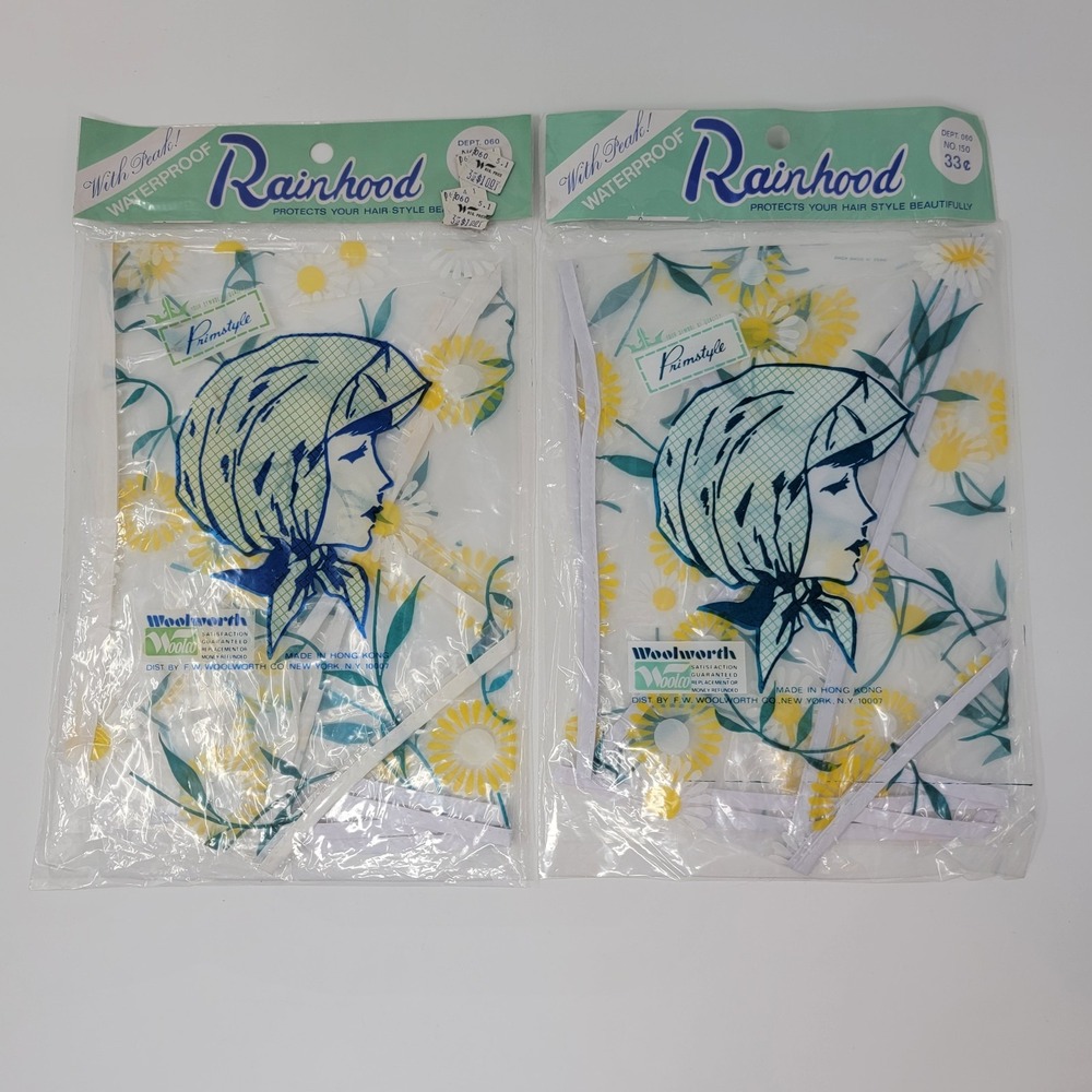 2 Vintage Clear Floral Plastic Rainhood Rain Bonnet with Peak Yellow White Daisy